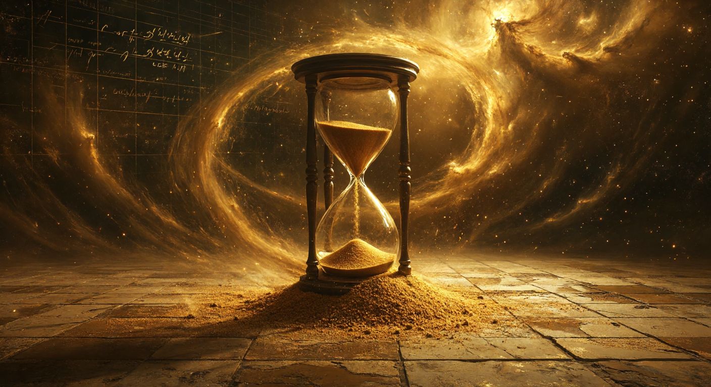 A futuristic, broken hourglass with golden sand spilling onto a Turkish mosaic floor, surrounded by swirling cosmic dust and faint equations fading into the air.