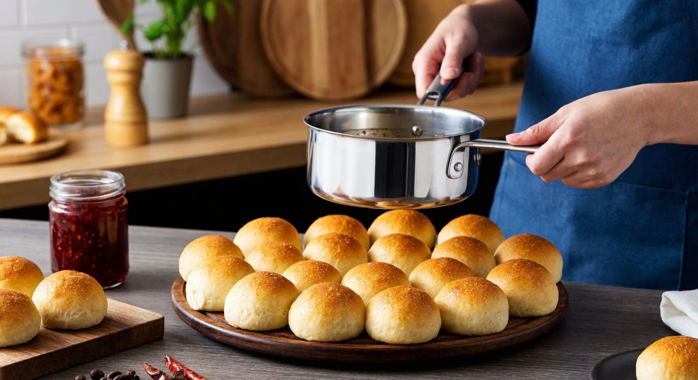 A stainless steel dough portioner held over a wooden counter, with evenly divided balls of golden-brown dough and a jar of sticky red jam nearby, evoking the warmth of a Turkish bakery.