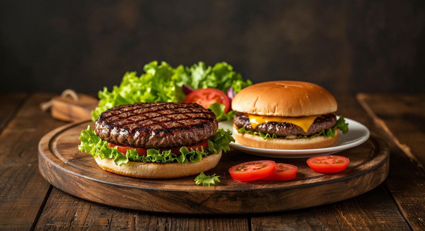 A sizzling, juicy steakburger with visible grill marks on a rustic wooden board next to a simpler, flatter hamburger on a basic white plate, both surrounded by fresh lettuce and sliced tomatoes, evoking the contrast in quality and flavor.