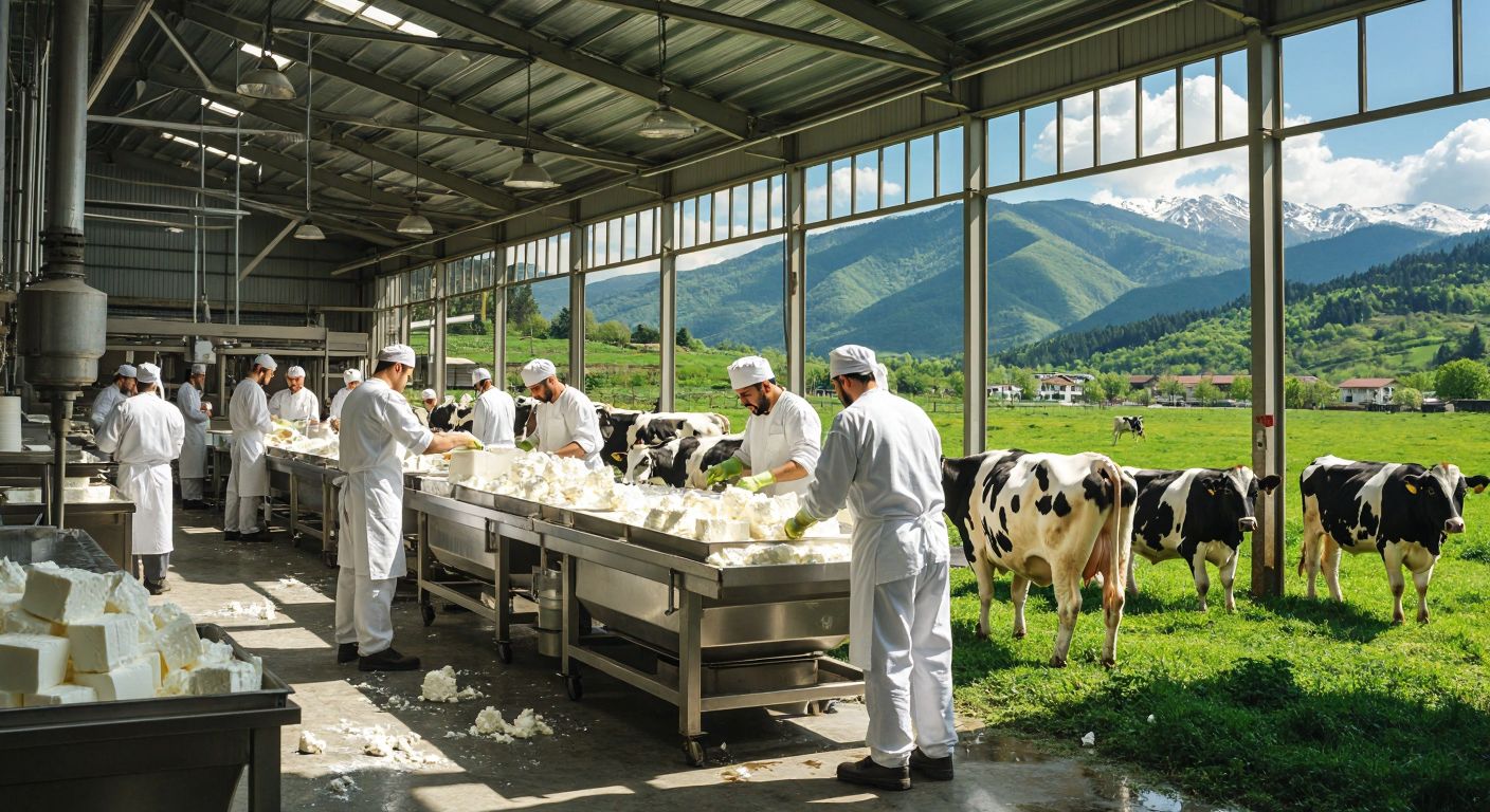 A sunlit dairy factory in Bursa with workers in white uniforms carefully packaging fresh white cheese and yogurt, surrounded by green pastures and grazing cows.