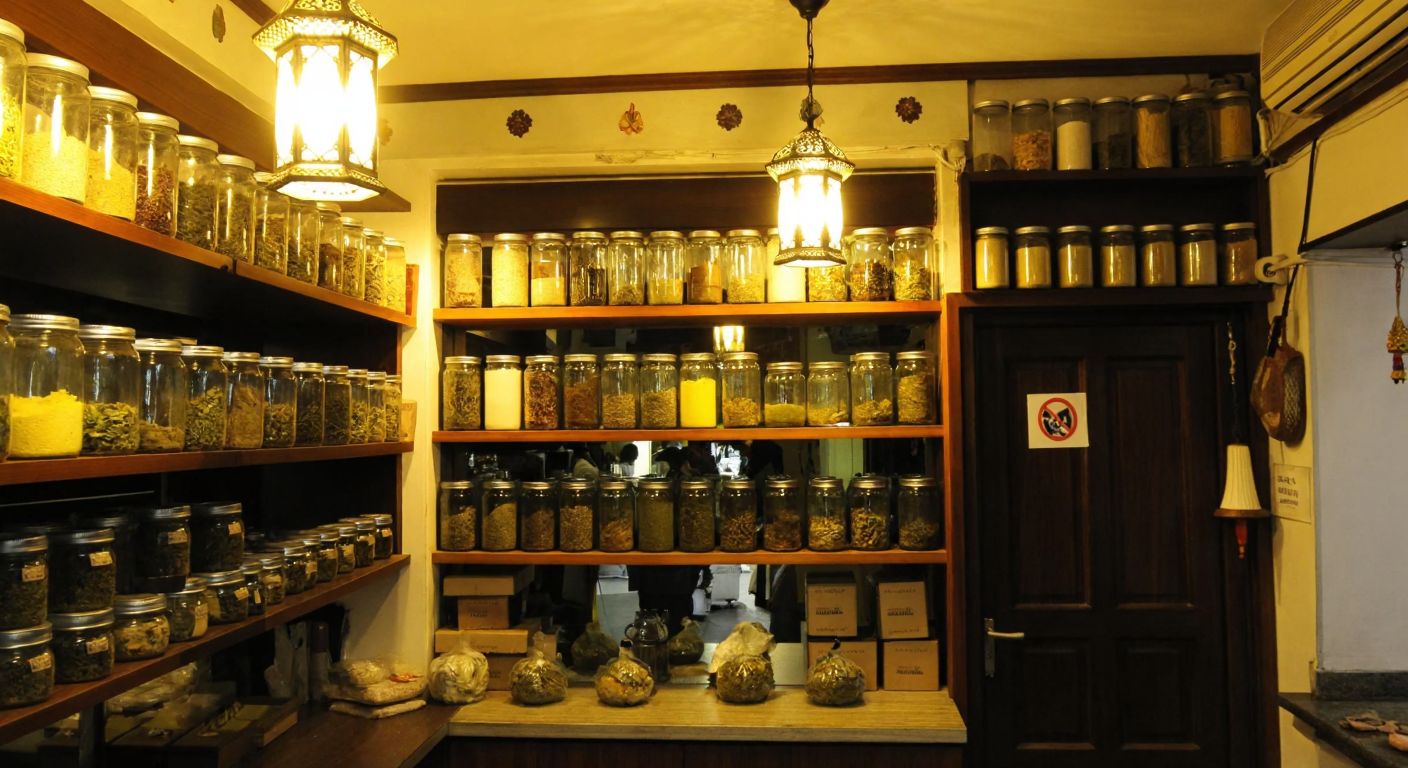 A small herbal shop nestled in Zonguldak’s bustling harbor area, with shelves lined with glass jars of dried herbs and a warm glow from hanging lanterns.