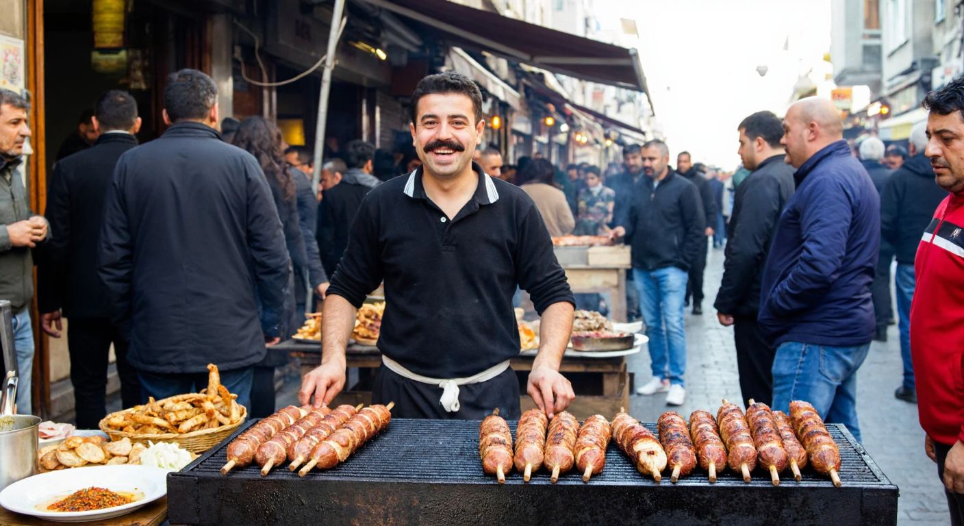 A bustling street in Eminönü with a smiling, mustachioed man (Hasan Abi) grilling golden-brown kokoreç on a charcoal fire, surrounded by eager customers and the aroma of spices filling the air.