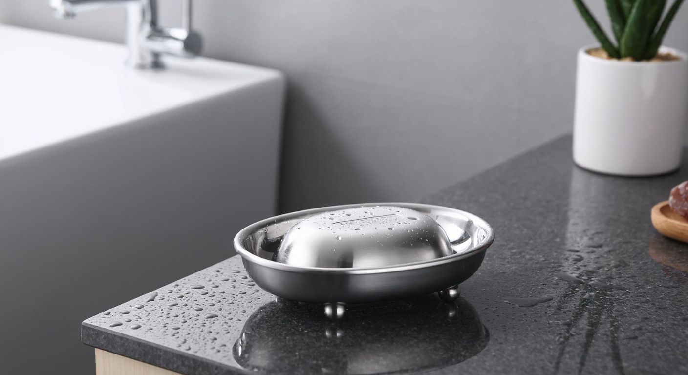 A sleek stainless steel soap dish sits on a modern bathroom counter, reflecting light while small water droplets bead on its smooth surface, surrounded by a clean, humid-free environment.