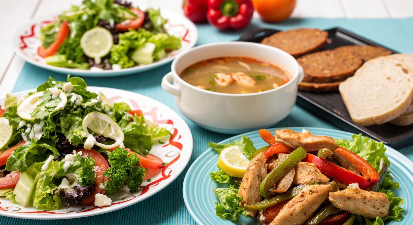A colorful Turkish dining table with a fresh chicken salad, a steaming bowl of chicken soup, and a vibrant plate of chicken fajitas, surrounded by crisp vegetables and warm whole-grain bread, evoking a healthy and satisfying meal.