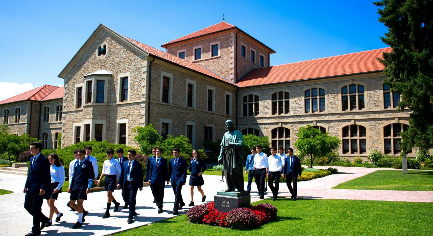 A grand, historic school building with a red-tiled roof and stone facade, surrounded by lush gardens, where a group of diverse, smiling students in uniforms walk past a statue of Saint Joseph, symbolizing the legacy of the Saint-Joseph Lisesi Eğitim Vakfı.