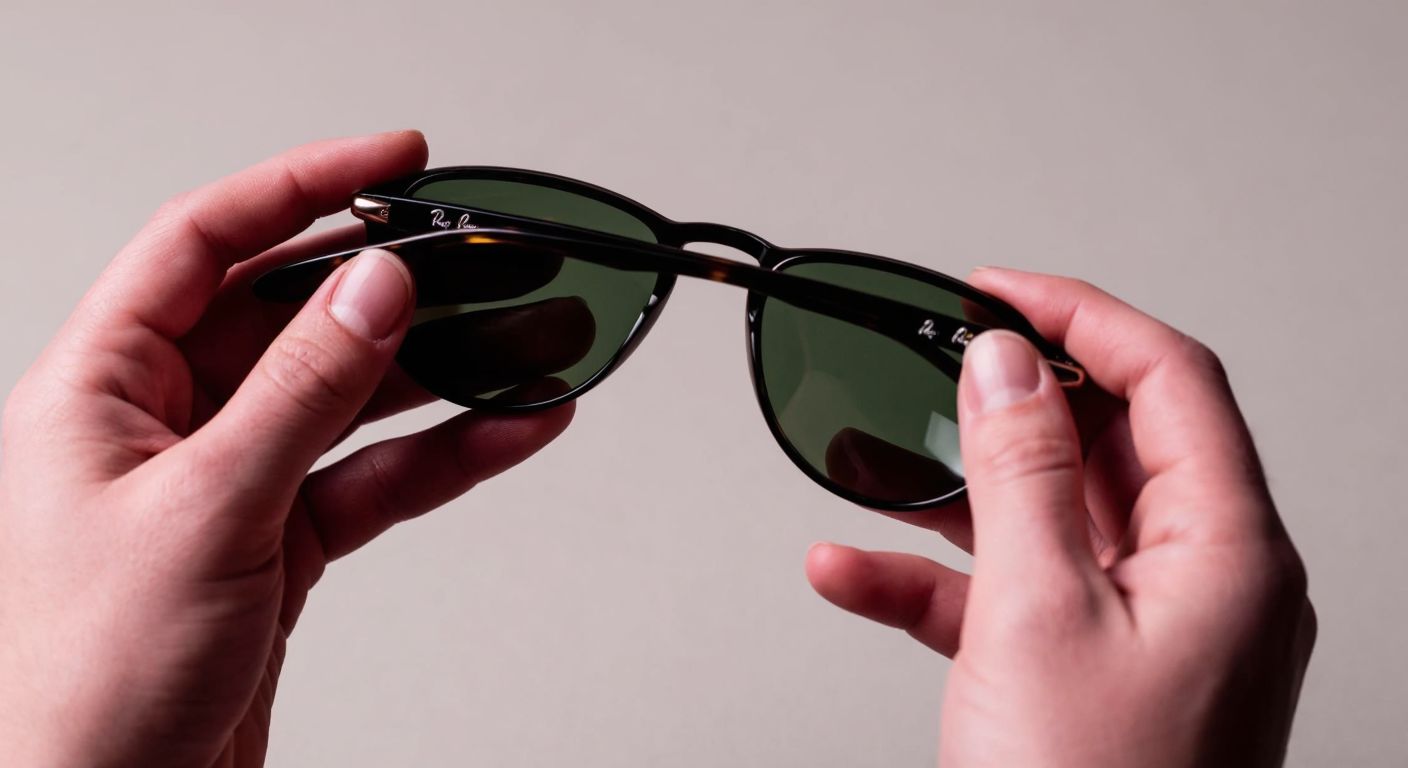 A close-up of a person's hands carefully folding a sleek, mirrored Ray-Ban sunglasses with a sturdy hinge mechanism, set against a neutral background.