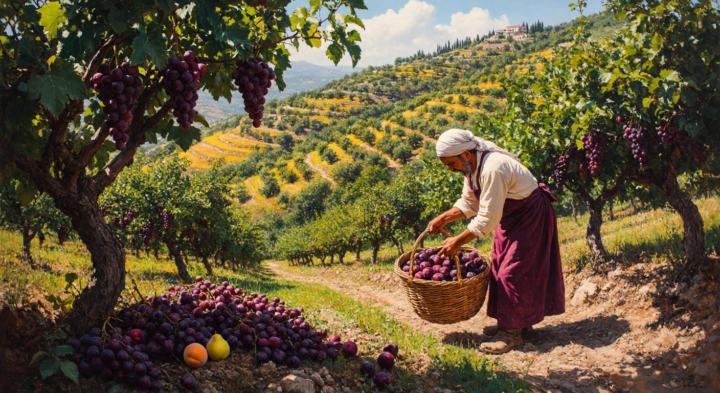 A sunlit Turkish hillside in Mersin, dotted with lush fruit trees bearing clusters of grapes, ripe peaches, cherries, apricots, pears, and plums, with a farmer in traditional clothing gently harvesting them into a woven basket.