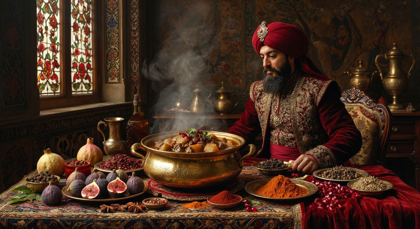 A richly adorned Ottoman dining table with a steaming golden pot of mutancana, surrounded by vibrant spices, fresh figs, and pomegranates, while a regal figure resembling Fatih Sultan Mehmet sits nearby, gazing approvingly at the dish.