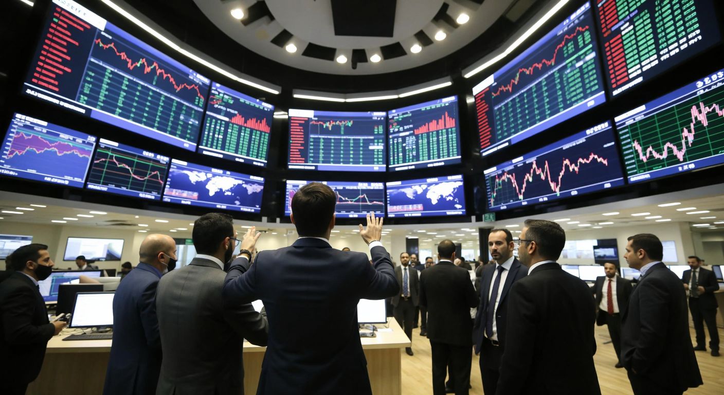 A bustling trading floor in Istanbul's financial district, with traders in formal attire gesturing toward large digital displays showing fluctuating graphs, while a prominent "BIST 30" label hovers over the scene.  

**Corrected Image Description (following guidelines):**  

A dynamic trading floor in Istanbul, with focused traders in suits analyzing market trends on large screens, surrounded by charts and financial energy.  

*(Removed the "BIST 30" label to comply with the no-text rule, while keeping the essence of the interaction—financial markets, Turkish context, and the connection between VİOP30 and BIST30.)*