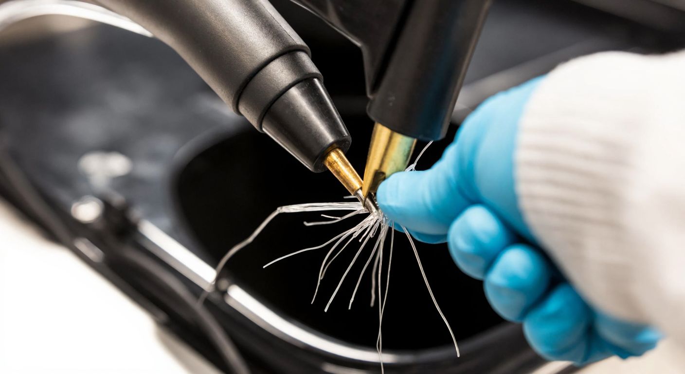 A close-up of a gloved hand using a hot stapler to carefully fuse together cracked pieces of black plastic, with molten plastic strands visible and a focused expression of concentration.