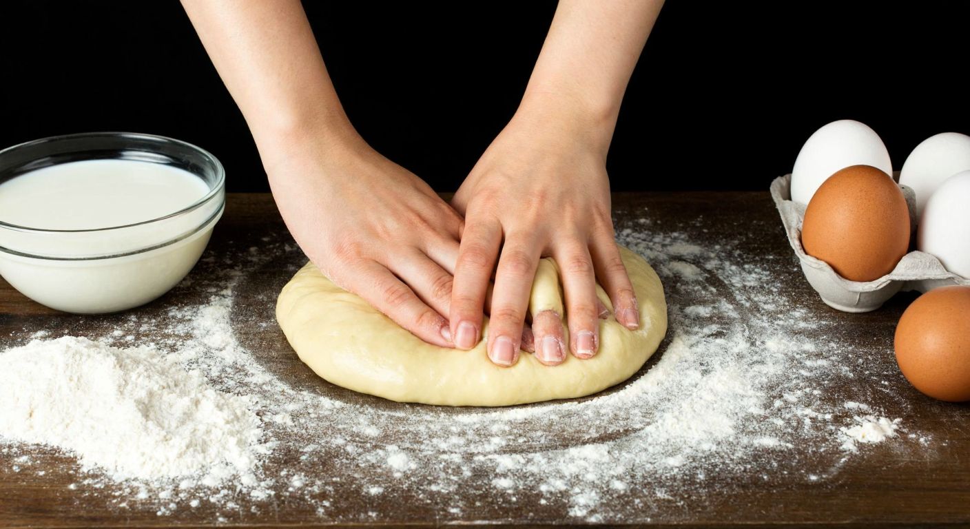 A pair of hands kneading smooth, elastic dough on a flour-dusted wooden table, with a bowl of fresh milk and cracked eggs nearby, evoking warmth and tradition in a Turkish kitchen.