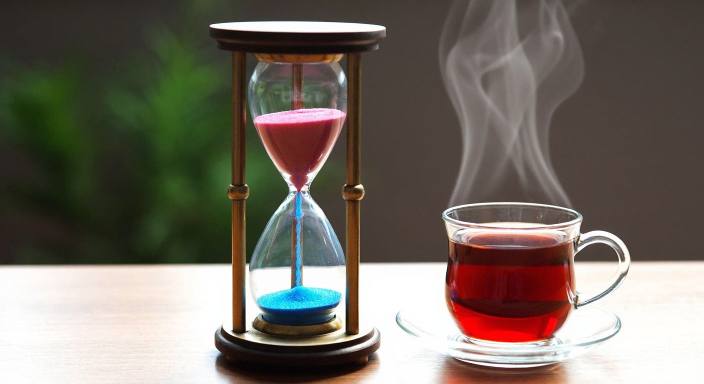 A traditional Turkish hourglass with two chambers—one filled with red sand representing 1 hour, and the other with blue sand representing 15 hours—placed on a wooden table beside a steaming cup of çay.