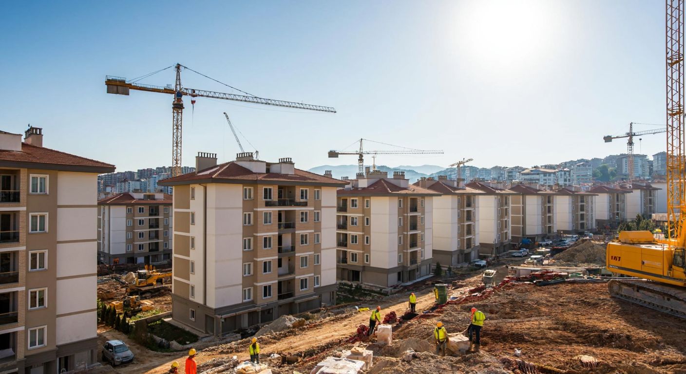 A bustling Turkish cityscape with rows of newly constructed apartment buildings under a bright sky, surrounded by cranes and construction workers in hard hats, conveying growth and activity.