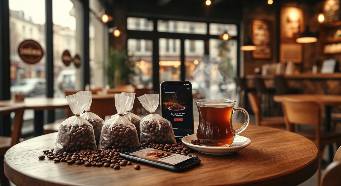 A warm, inviting Turkish café scene with a wooden table displaying small bags of aromatic coffee beans, a steaming cup of Turkish coffee, and a smartphone showing a shopping website, surrounded by cozy seating and soft lighting.