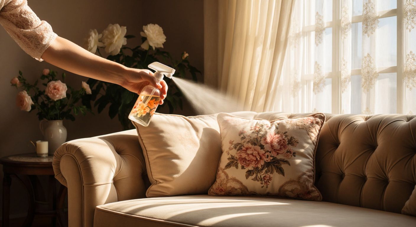 A hand holding a floral-scented spray bottle misting a plush beige couch in a sunlit Turkish living room with lace curtains.