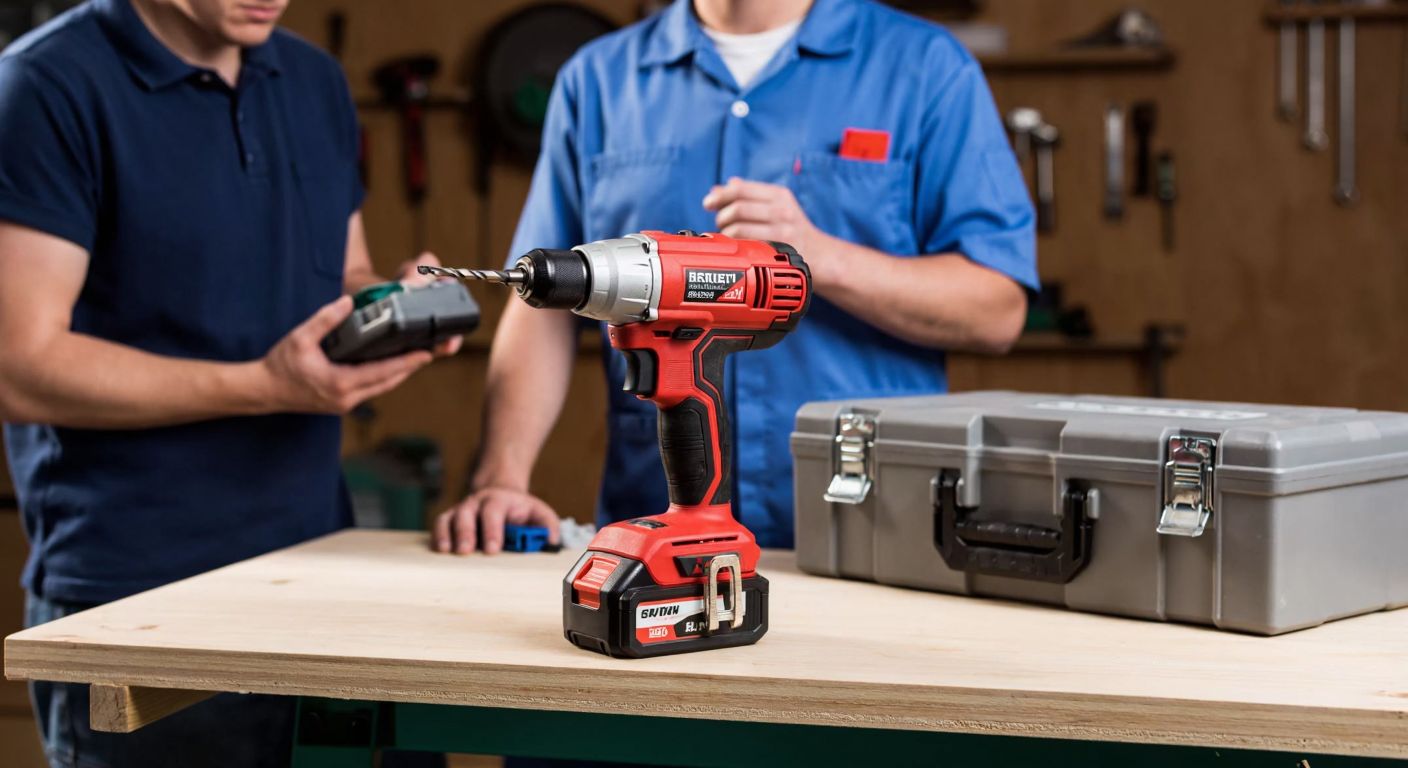 A red power drill with a cracked plastic casing sits on a wooden workbench next to a toolbox, with a person in a blue work shirt frowning while inspecting it, and another person in the background nodding approvingly while holding a neatly packaged drill.
