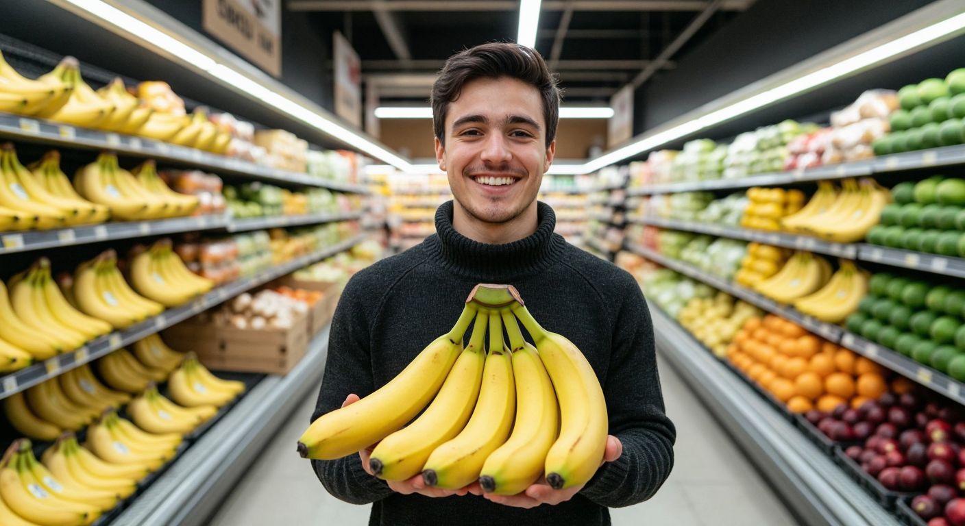 A cheerful shopper in a Şok market aisle holding a bunch of fresh, locally grown yellow bananas with a green stem, surrounded by neatly stacked produce shelves under bright fluorescent lights.