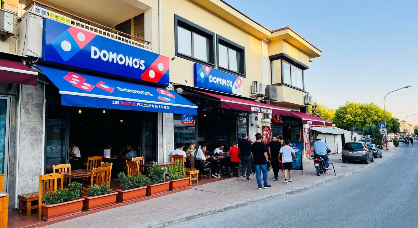 A bustling street in İzmir's Buca district with two Domino's Pizza shops, one nestled among small shops in Adatepe Mahallesi and another on a lively corner in Yenigün Mahallesi, both emitting the warm aroma of freshly baked pizza.