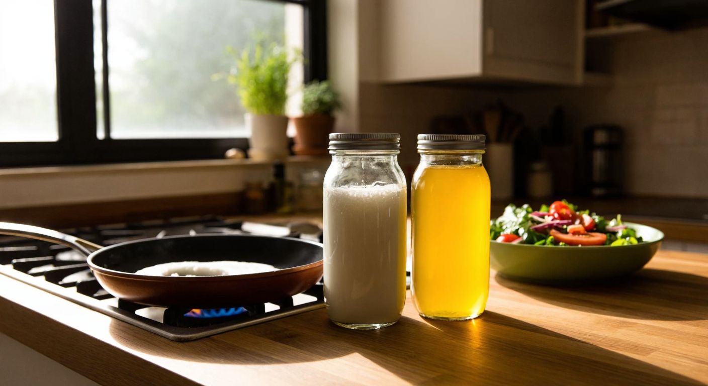 A warm Turkish kitchen with two glass jars side by side—one holding solid white coconut oil and the other golden liquid coconut oil—resting on a wooden counter near a sizzling frying pan and a fresh salad bowl.