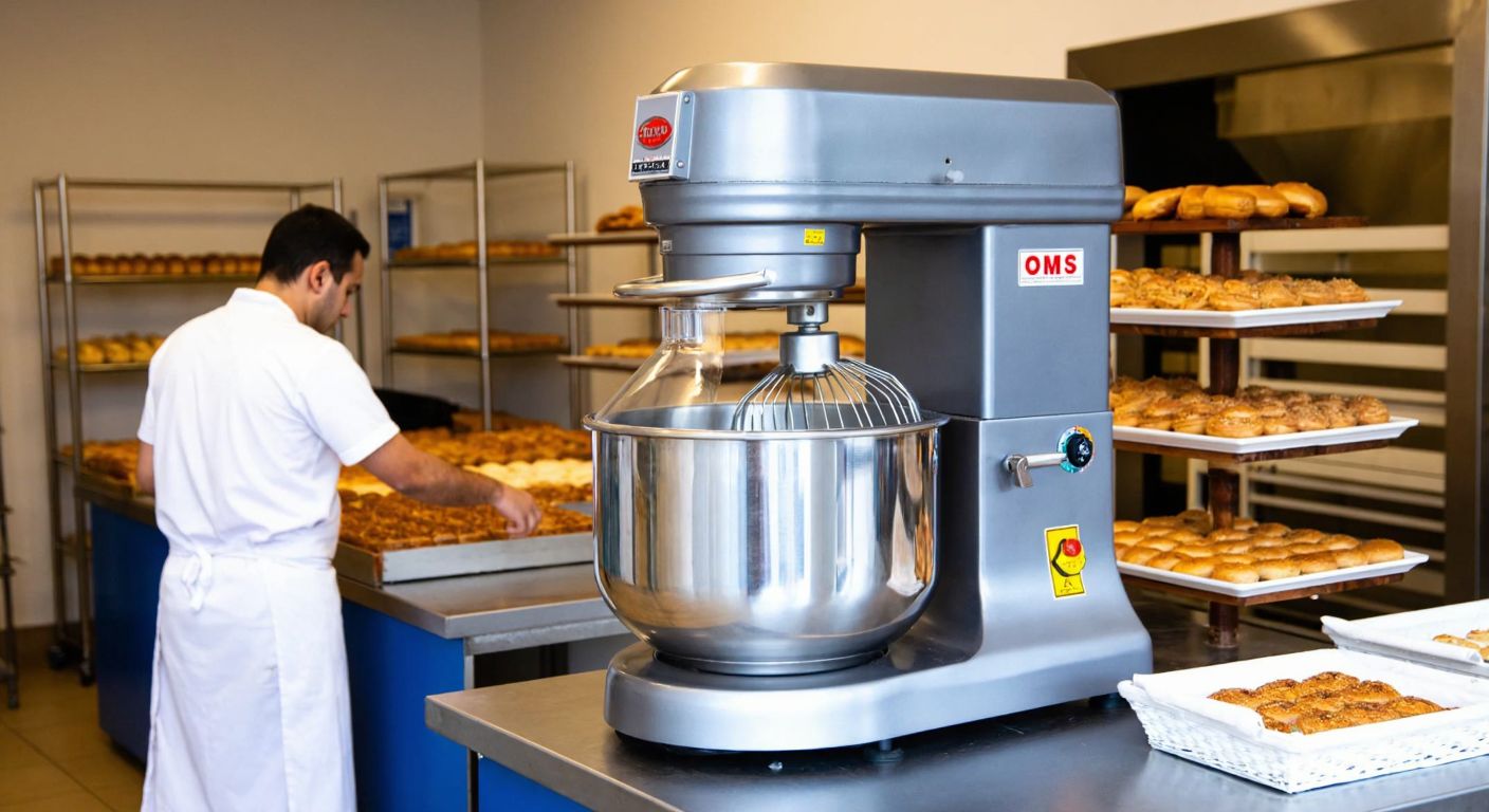 A stainless steel Omis brand mixer with a large bowl stands in a Turkish bakery, surrounded by trays of fresh simit and baklava, while a baker in a white apron inspects its capacity.