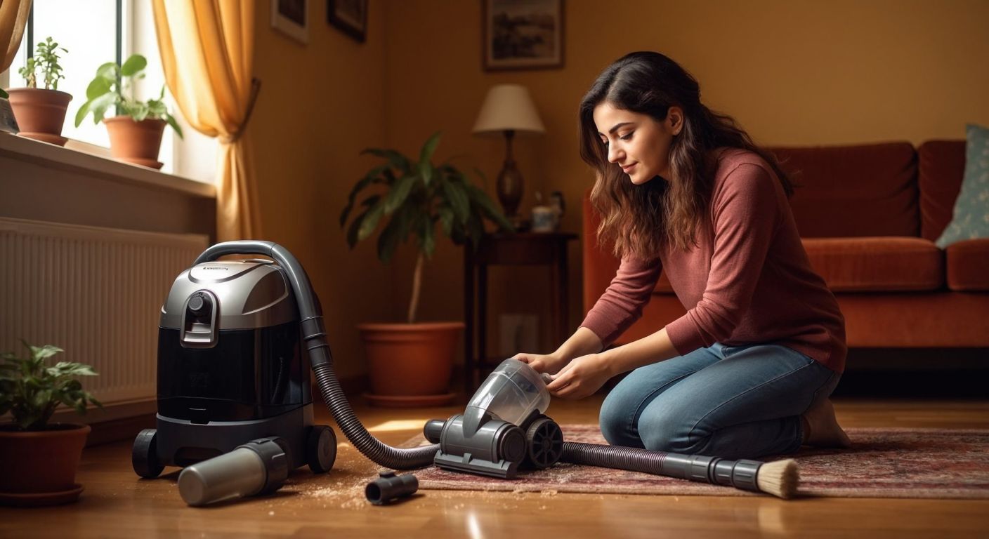 A Turkish woman in a cozy home setting kneels beside a disassembled vacuum cleaner, carefully cleaning its filter and hose with a focused, hopeful expression.