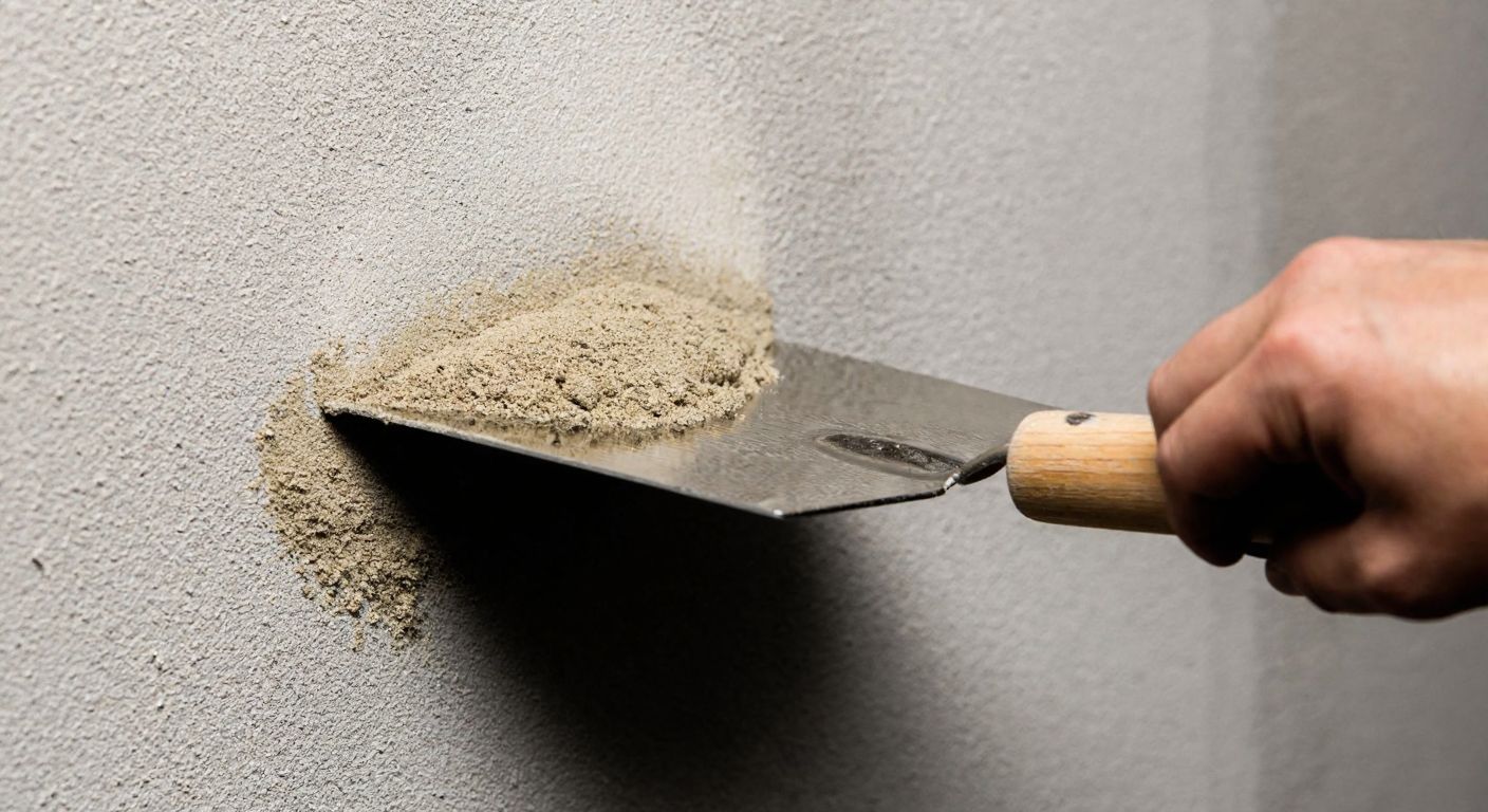 A close-up of a mason's trowel smoothly applying a thin layer of plaster (2-5 mm thick) onto a textured wall, with fine sand grains visible in the mixture.