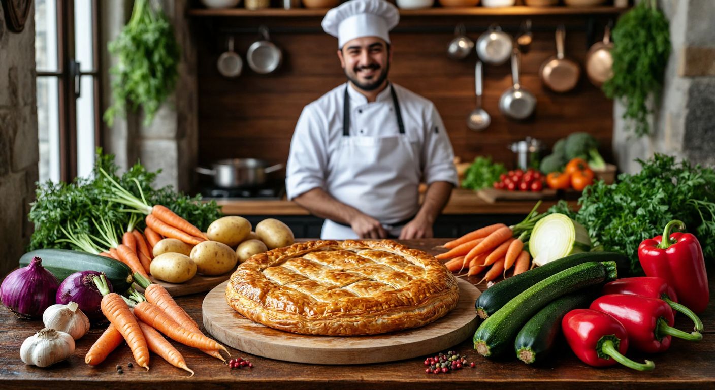 A warm Turkish kitchen with a wooden table displaying a golden, flaky börek surrounded by fresh vegetables like carrots, zucchini, potatoes, leeks, and red peppers, with a smiling cook in the background preparing more.
