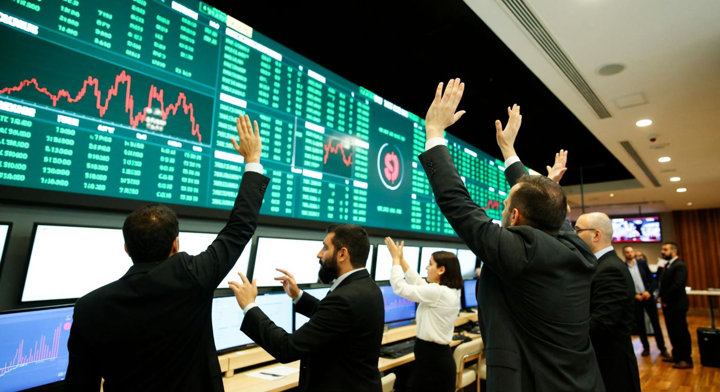 A Turkish stock exchange floor with traders in formal attire gesturing upward, surrounded by glowing green charts and a large digital ticker displaying rising values, reflecting optimism in the banking sector.