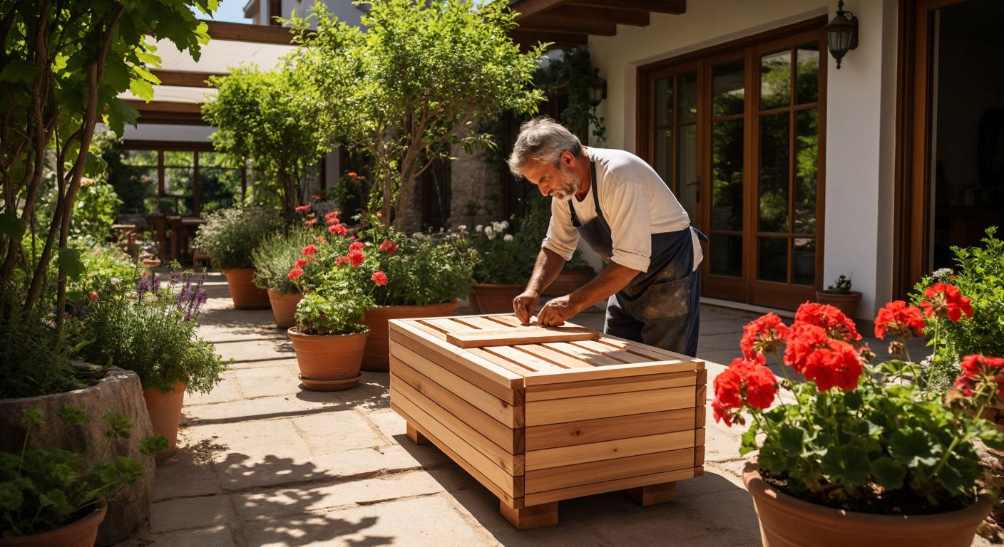 A sunlit Turkish garden with a craftsman carefully sanding a cedar wood planter, surrounded by stacks of oak, pine, teak, and mahogany lumber, while vibrant geraniums bloom in a finished wooden pot nearby.