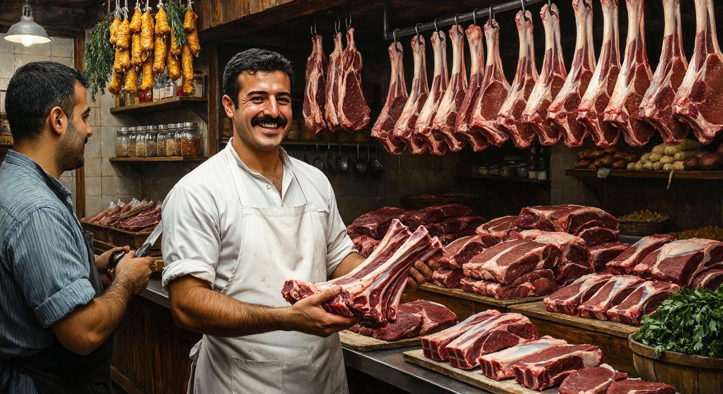 A bustling Turkish butcher shop with a smiling, mustachioed butcher in a white apron holding fresh lamb ribs, while a customer inspects the meat with approval, surrounded by hanging cuts of meat and shelves of spices.