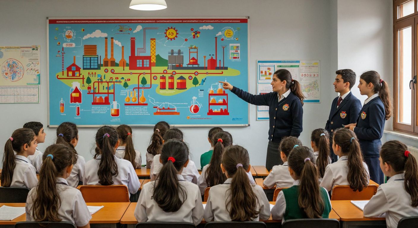 A Turkish middle school classroom with students in uniforms attentively listening as a teacher points to a colorful poster illustrating industrial processes and molecular structures.
