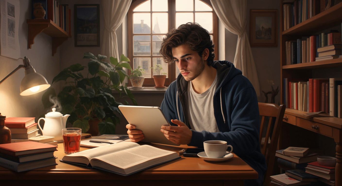 A focused Turkish student in a tidy room watches a video solution on a tablet, surrounded by Newton Yayınları textbooks and a steaming cup of çay.