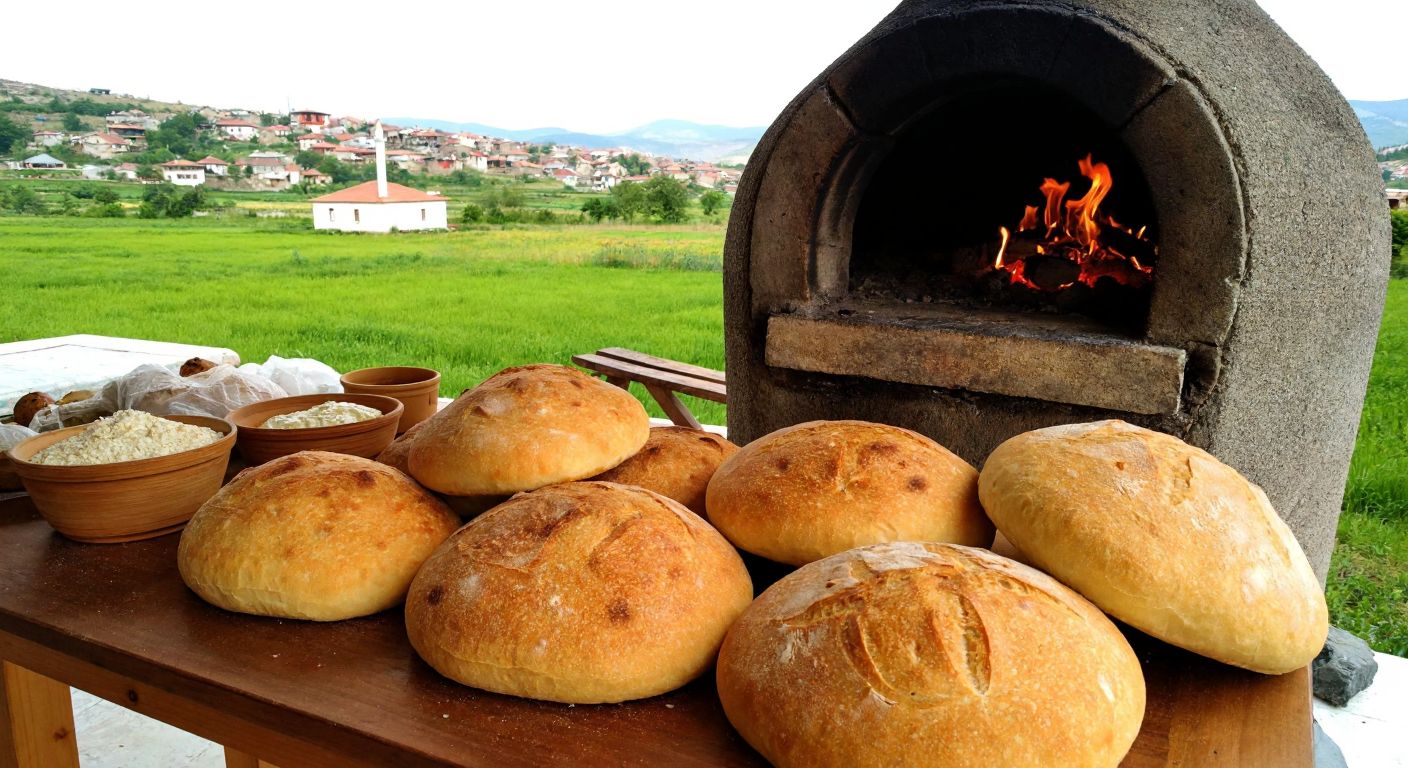 A rustic tandoor oven glowing with warmth, surrounded by freshly baked golden yayla ekmek loaves on a wooden table, with a Turkish village landscape in the background.