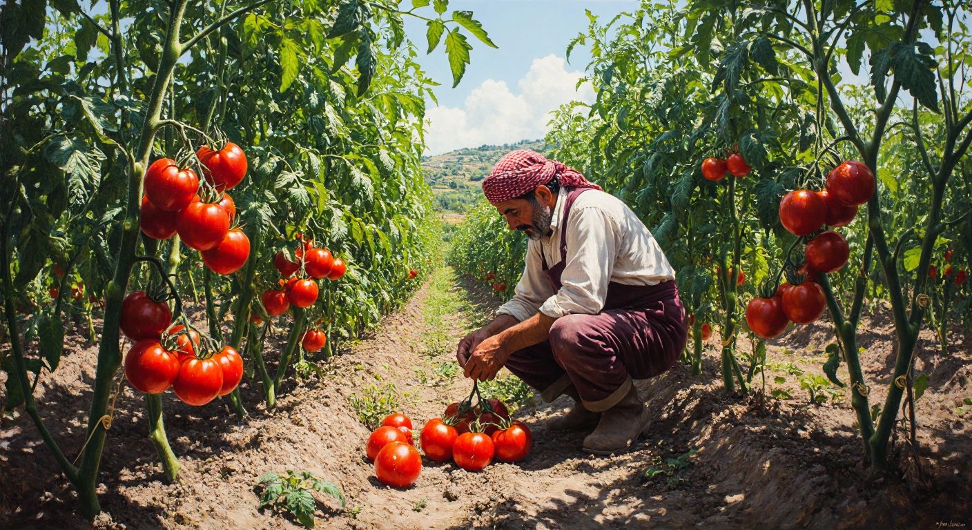A sunlit Turkish garden with vibrant green tomato vines laden with plump, red Pinpon and Marmande tomatoes, their leaves glistening with dew, while a farmer in traditional attire carefully inspects the ripe fruits.
