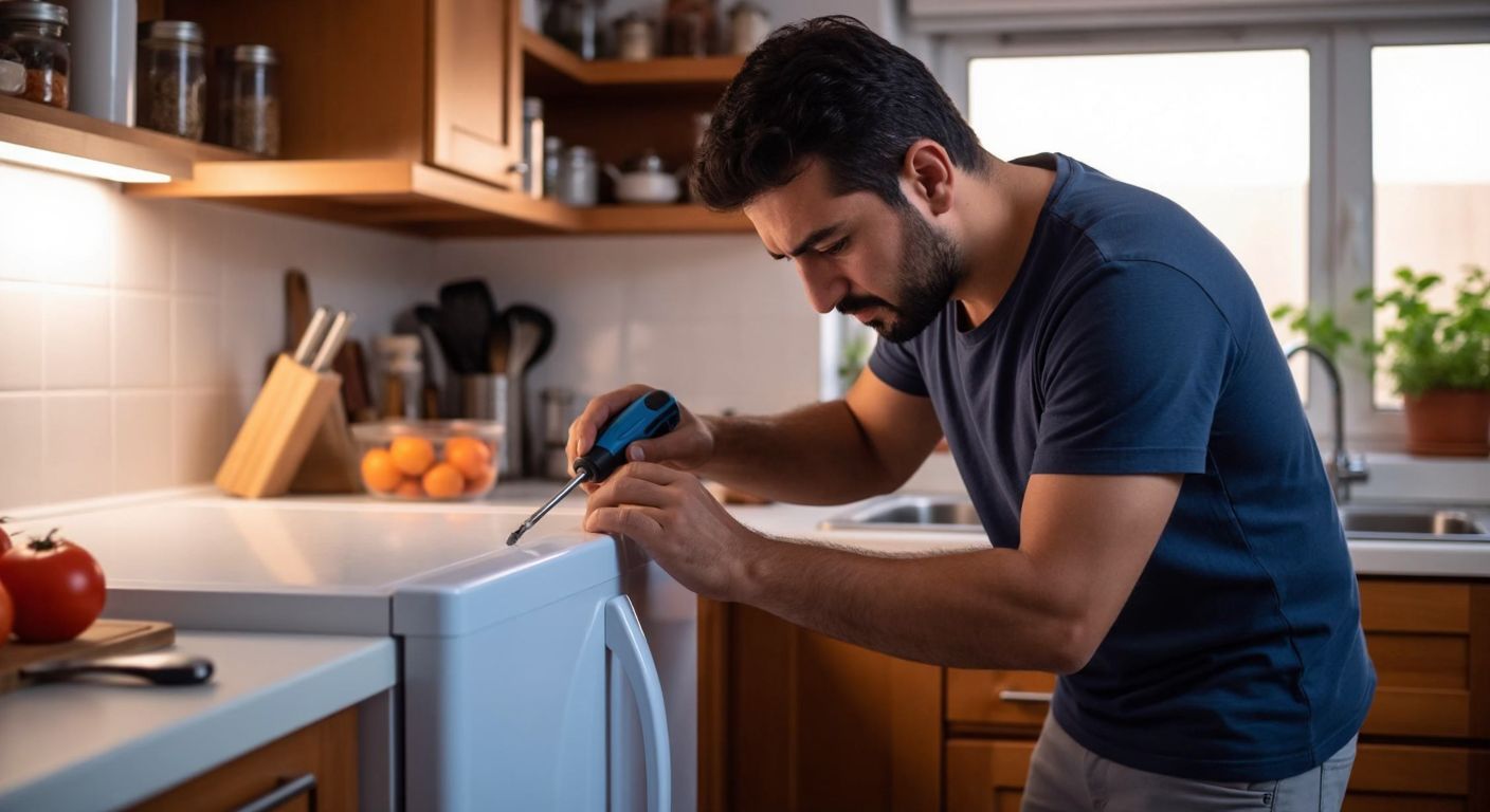 A focused Turkish man in a home kitchen carefully unscrews the handle of a Uğur freezer with a screwdriver while a replacement handle lies on the counter beside him.