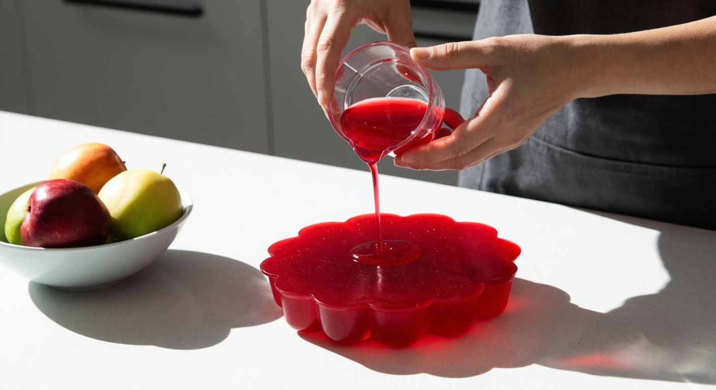 A pair of hands carefully pouring vibrant red jelly into a small, flower-shaped silicone mold on a sunlit kitchen counter in Turkey, with a bowl of fresh fruit nearby.