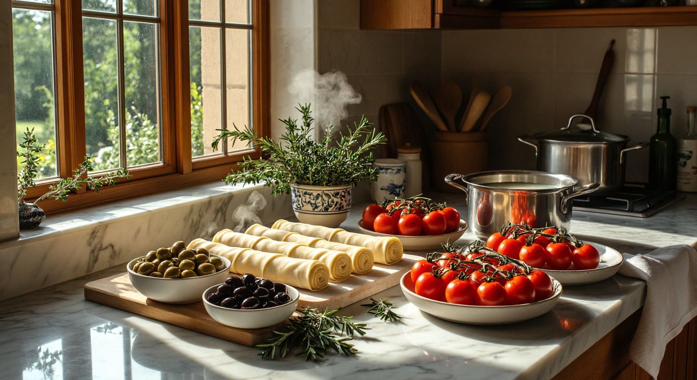 A sunlit Turkish kitchen with a marble countertop holding freshly rolled pasta dough, diced turkey pieces, bowls of green and black olives, cherry tomatoes, and fresh herbs like rosemary and basil, while a steaming pot of water bubbles nearby.