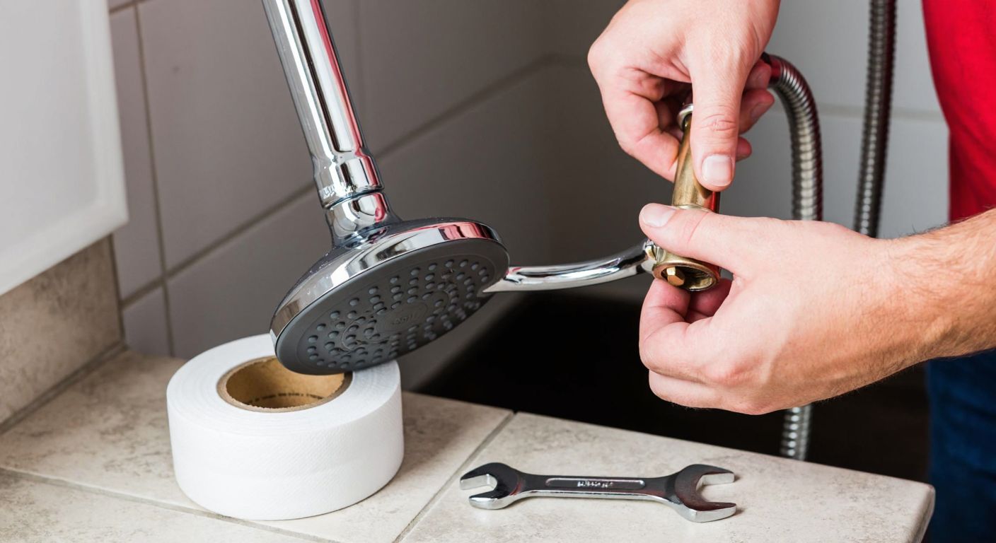 A close-up of a person’s hands carefully twisting a shiny new showerhead onto a bathroom pipe, with a roll of white teflon tape and a small wrench resting on a tiled counter nearby.