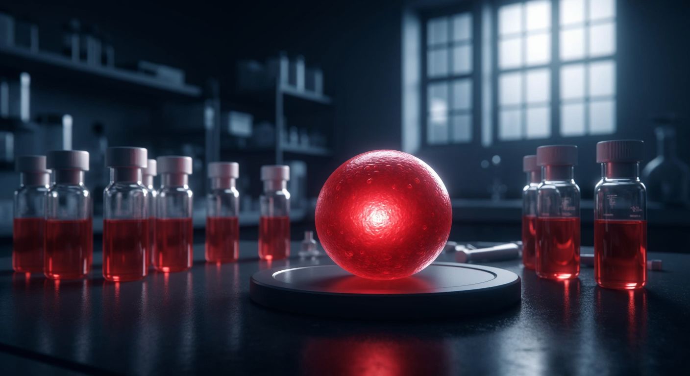 A lone red blood cell with a faint glow stands isolated in a dimly lit medical lab, surrounded by empty test tubes and vials, symbolizing rarity and scarcity.