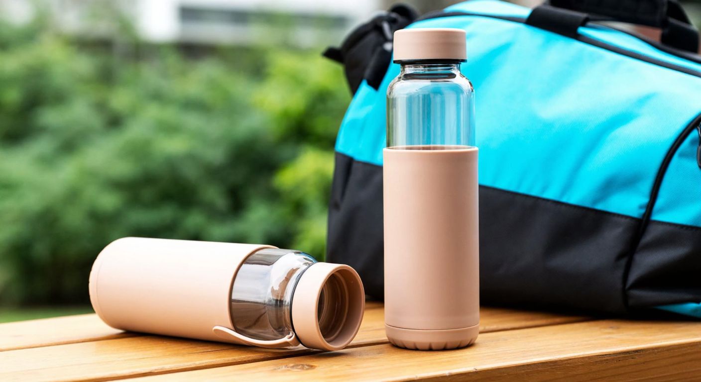 A sleek, beige-colored glass bottle with a protective sleeve, placed on a wooden table beside a vibrant sports bag, evoking freshness and practicality for daily hydration.
