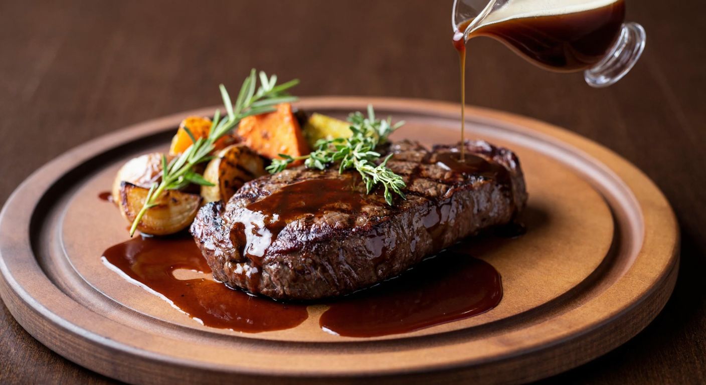 A sizzling, juicy steak on a rustic wooden plate, drizzled with rich, glossy demi-glace sauce, accompanied by roasted vegetables and fresh herbs, evoking warmth and indulgence.