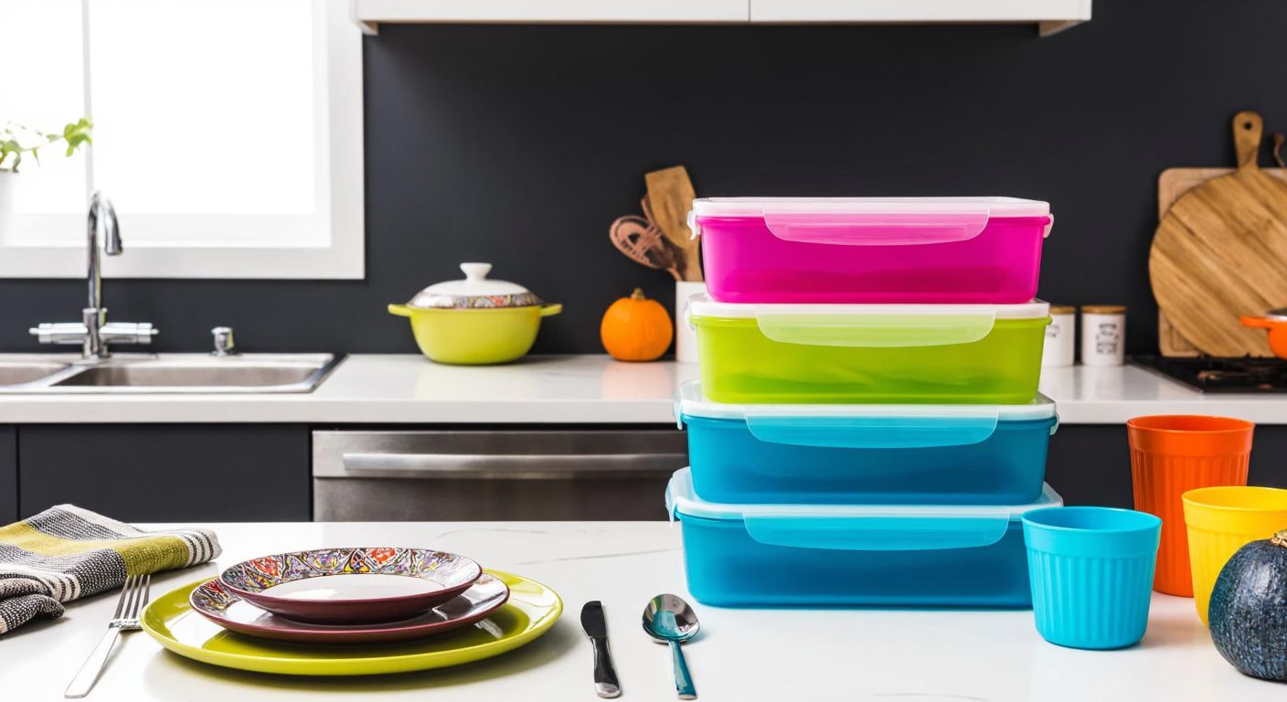 A vibrant Turkish kitchen countertop displays Emsan's colorful ceramic dinnerware and stainless steel cutlery beside Tupperware's stackable plastic storage containers, highlighting their distinct product offerings.
