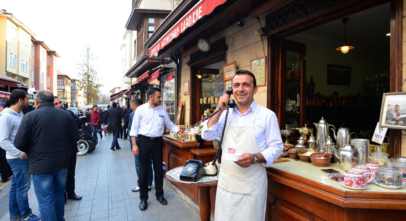 A bustling Ankara street scene with a traditional Turkish tea house in the background, where a shopkeeper in a white apron answers an old black rotary phone with a warm smile.