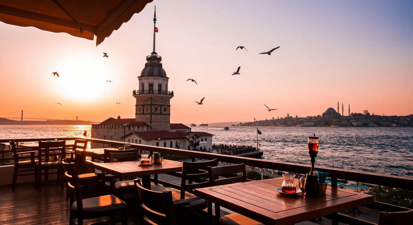 A serene view of the Maiden's Tower in Istanbul at sunset, with a cozy café on its terrace serving tea and traditional Turkish pastries, surrounded by seagulls flying over the Bosphorus.