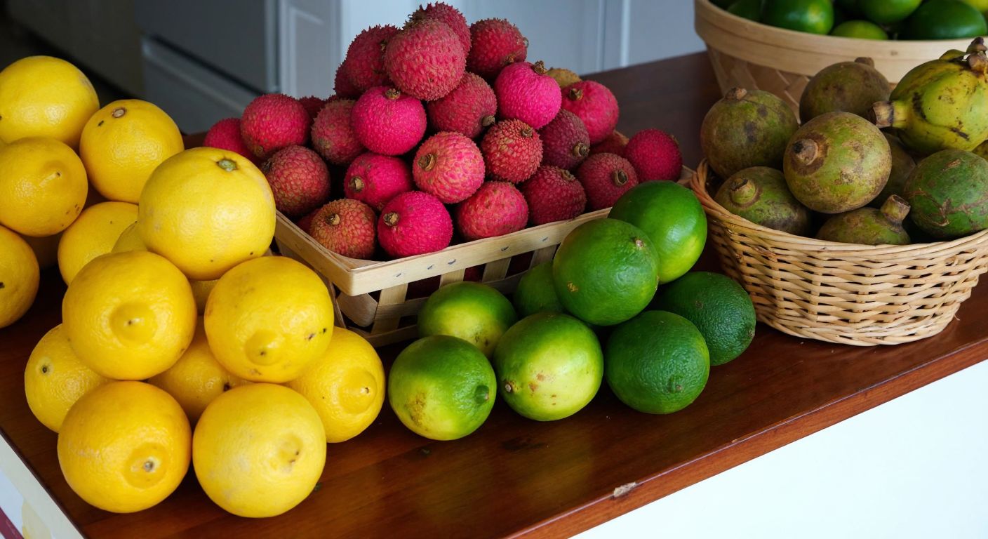 A vibrant wooden table in a Turkish kitchen displays a colorful assortment of fruits starting with "L"—bright yellow lemons, spiky pink lychees, green limes, and exotic longans—arranged neatly beside a small woven basket.