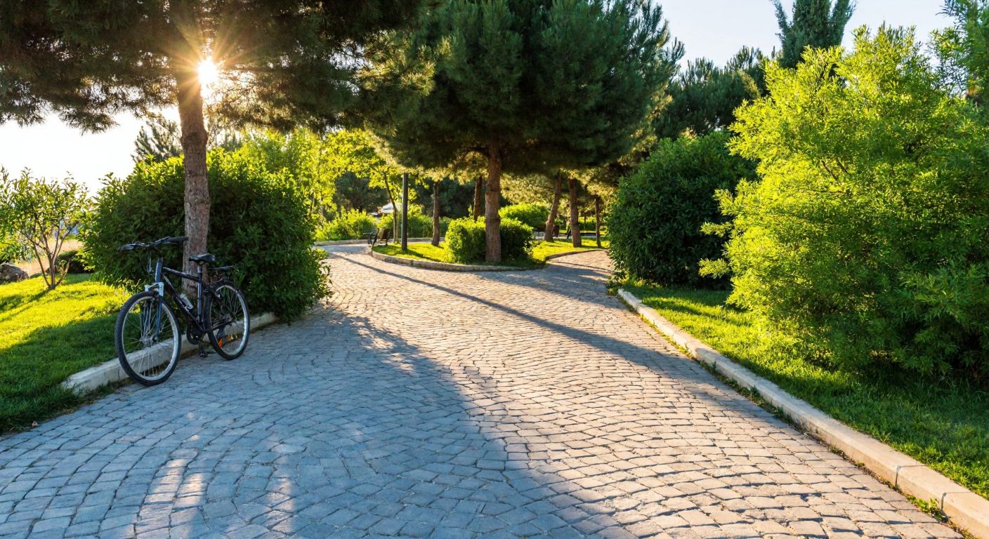 A sunlit Turkish park with a winding path of textured begonite stones, flanked by lush greenery and a parked bicycle nearby.