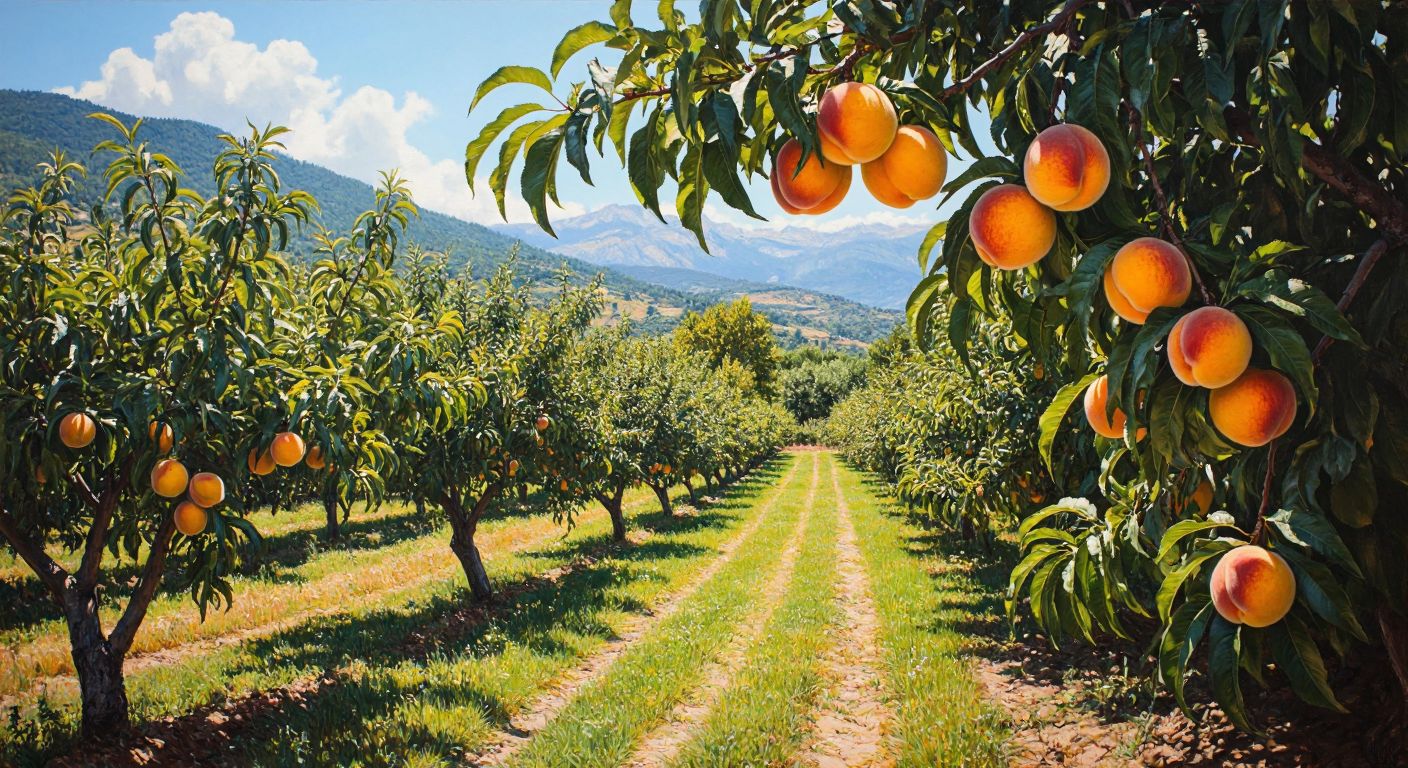 A sunlit orchard in Turkey with ripe, golden peaches hanging from leafy branches, ready to be picked by a farmer’s weathered hands in the warmth of summer.