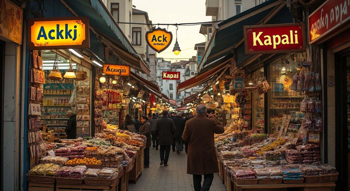 A bustling Turkish bazaar with small shops displaying colorful wooden "Açık/Kapalı" signs hanging by their entrances, while a shopkeeper flips one from "Açık" to "Kapalı" as the sun sets.