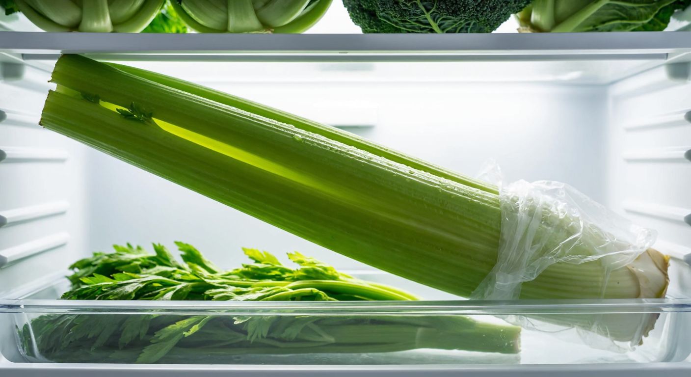 A crisp green celery stalk being carefully wrapped in a clear plastic bag inside a refrigerator's vegetable drawer, with fresh water droplets glistening on its leaves.