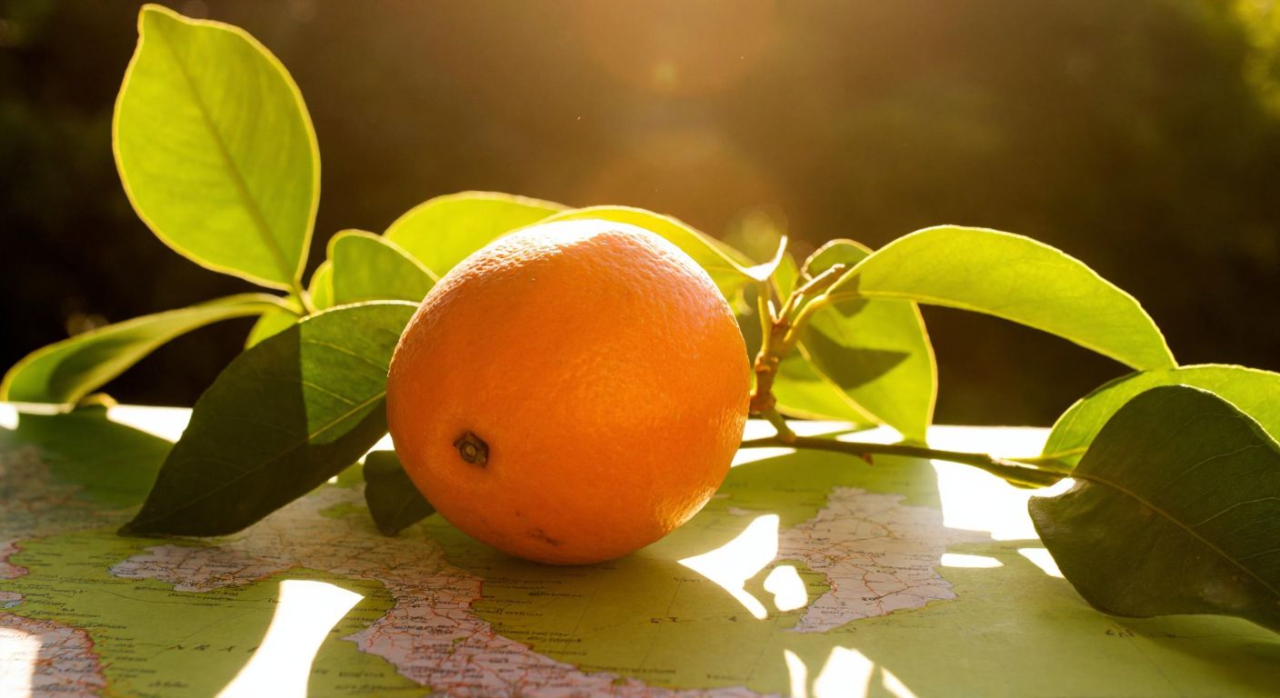 A vibrant orange fruit resting on a map outline of India and China, surrounded by lush green leaves and warm sunlight.